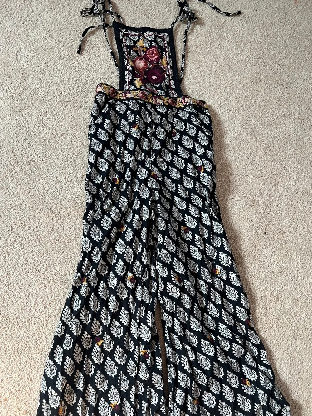 Anthropologie Overalls with White Paisley and Yellow-Pink Floral Accents